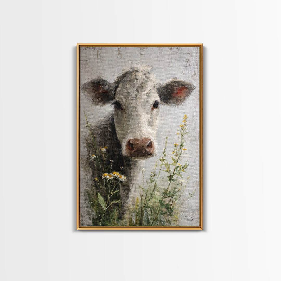 Cow Portrait with Gentle Farmhouse Personality Framed Canvas Print, Country Art, Digital Art Prints, Farmhouse Decor, Country, COU-2x3-36