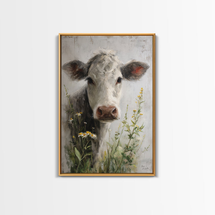 Cow Portrait with Gentle Farmhouse Personality Framed Canvas Print, Country Art, Digital Art Prints, Farmhouse Decor, Country, COU-2x3-36