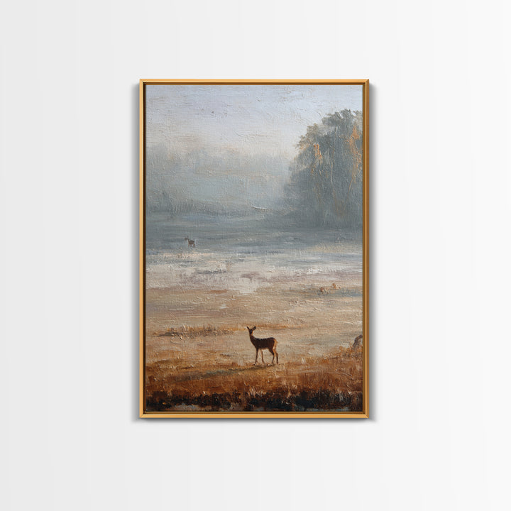 Deer Crossing a Misty Morning Field Framed Canvas Print, Country Art, Contemporary Art, Farmhouse Decor, Fine Art, Country, COU-2x3-43
