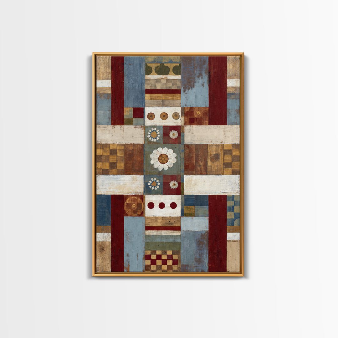 Quilt Geometric Folk Pattern Framed Canvas Print, Country Art, Landscape Wall Art, Farmhouse Decor, Abstract Art, Country, COU-2x3-44