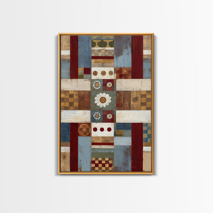 Quilt Geometric Folk Pattern Framed Canvas Print, Country Art, Landscape Wall Art, Farmhouse Decor, Abstract Art, Country, COU-2x3-44