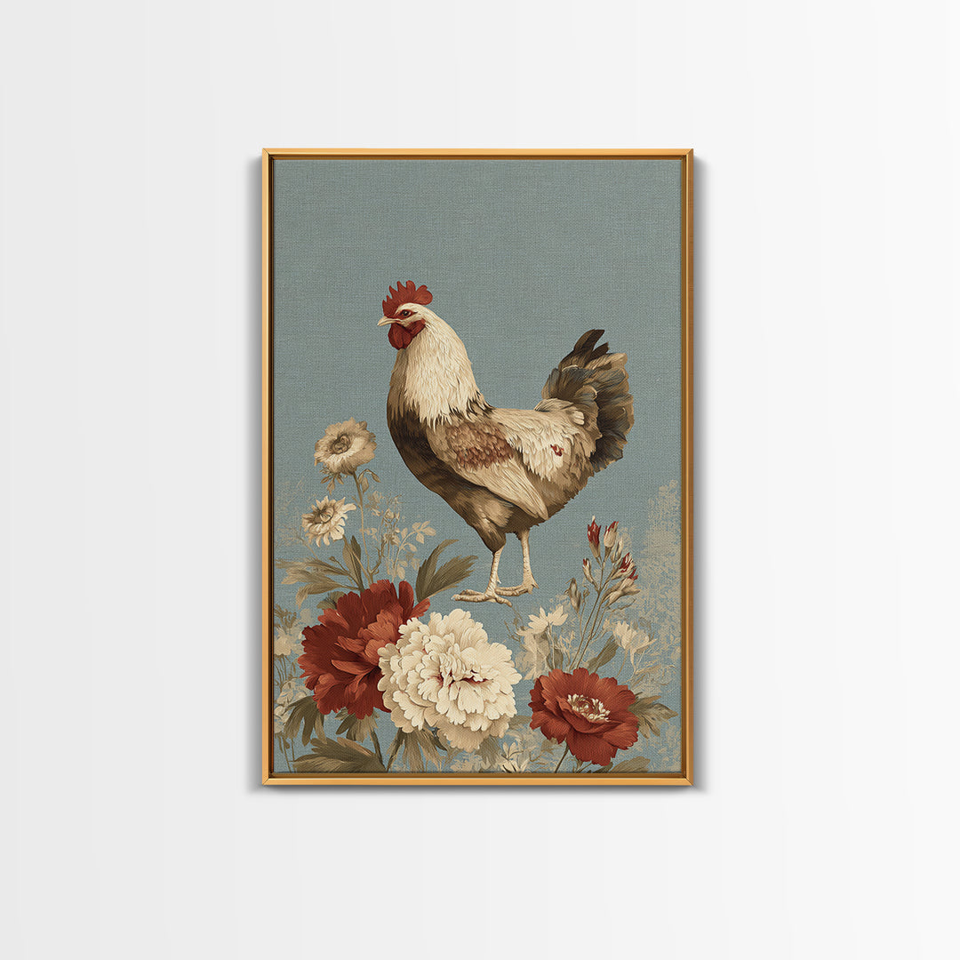 Chickens Pecking Near Garden Flowers Framed Canvas Print, Country Art, Textured Painting, Farmhouse Decor, Fine Art, Country, COU-2x3-46