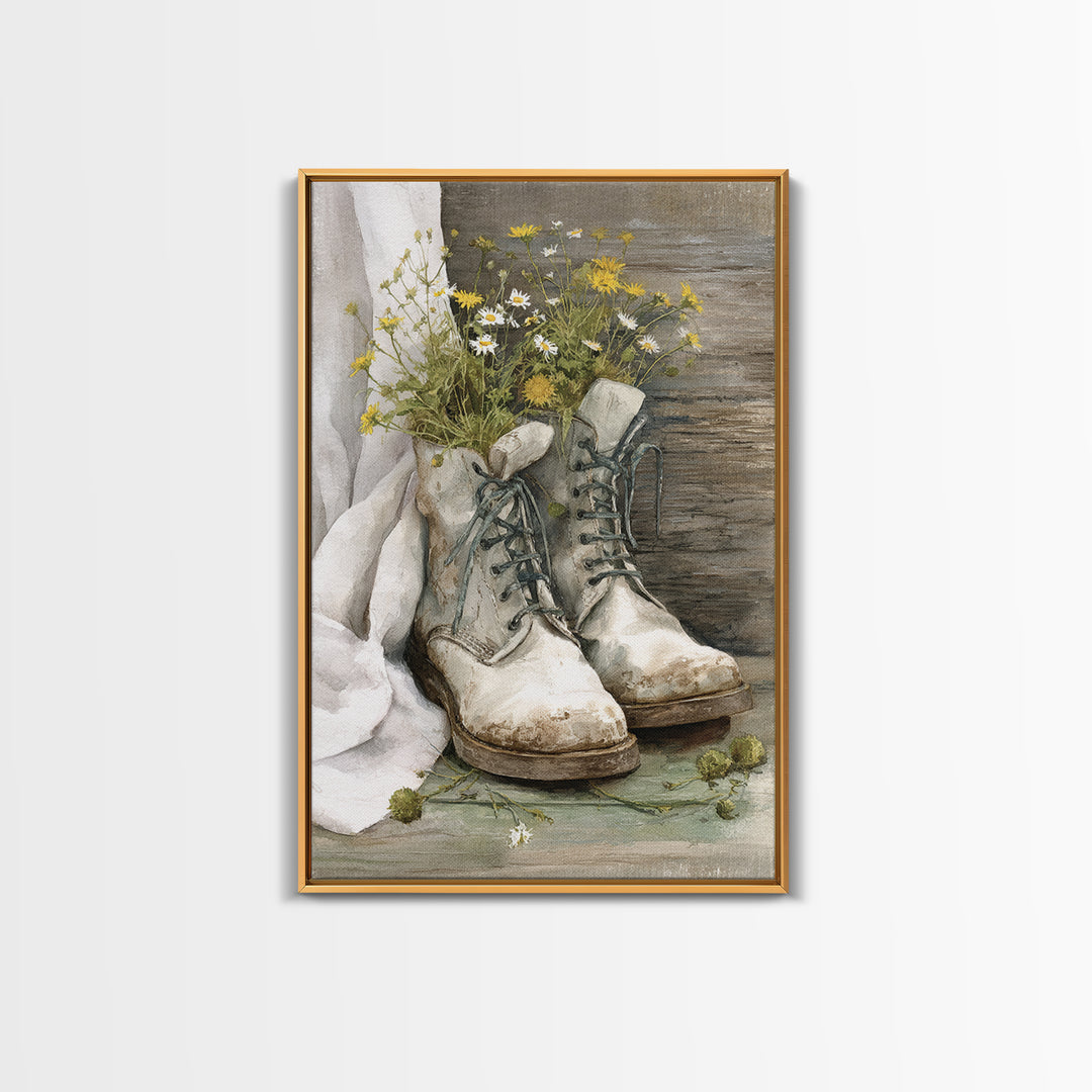 Weathered Boots with Wildflowers Tucked Inside Framed Canvas Print, Country Art, Statement Artwork, Farmhouse Decor, Country, COU-2x3-48