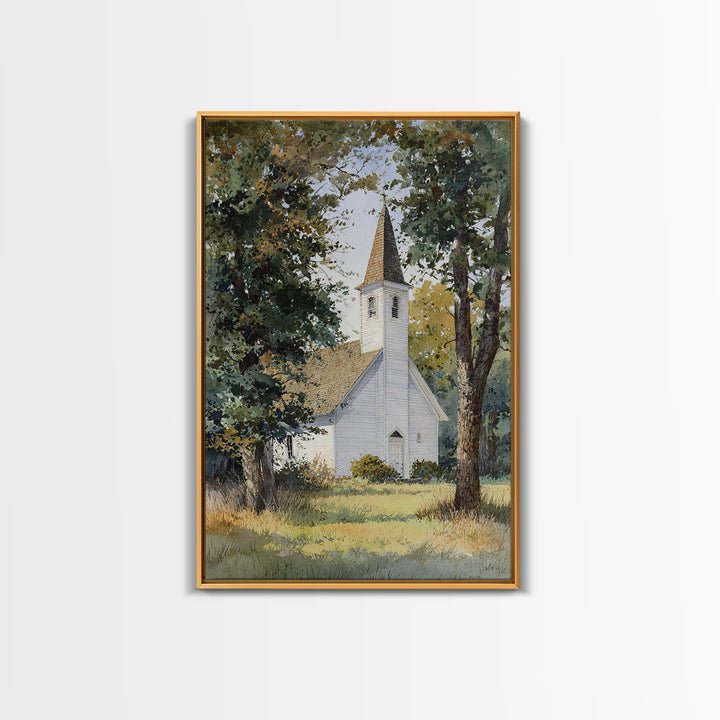 Country Church Steeple Beyond Trees Framed Canvas Print, Country Art, Room Decor, Farmhouse Decor, Oil Painting, Country, COU-2x3-51