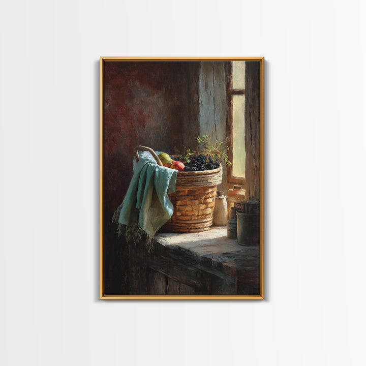 Blackberry Basket with Linen Cloth Framed Canvas Print, Country Art, Printable Wall Art, Farmhouse Decor, Abstract Art, Country, COU-2x3-53