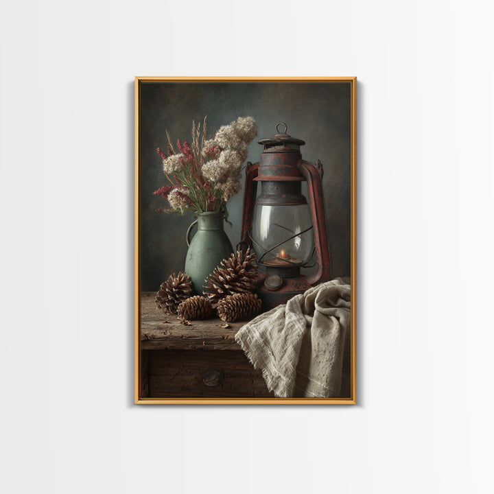 Old Lantern and Pinecones Still Life Framed Canvas Print, Country Art, Wall Decor, Farmhouse Decor, Abstract Art, Country, COU-2x3-56