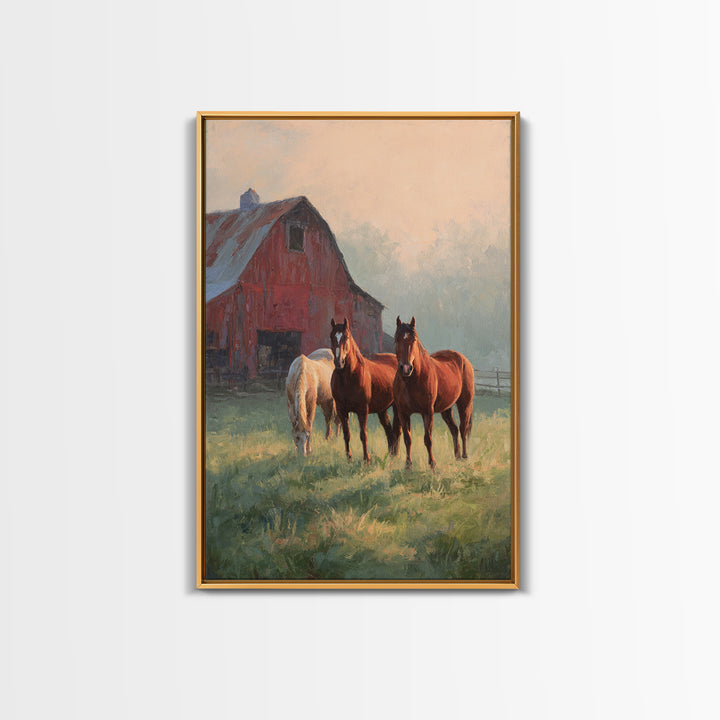 Rolling Pasture with Grazing Horses at Sunrise Canvas Print, Country Art, Printable Art, Farmhouse Decor, Oil Painting, Country, COU-2x3-57