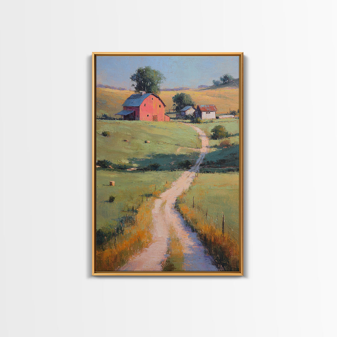Country Road Disappearing into Green Hills Framed Canvas Print, Country Art, Digital Prints, Farmhouse Decor, Watercolor Art, COU-2x3-63