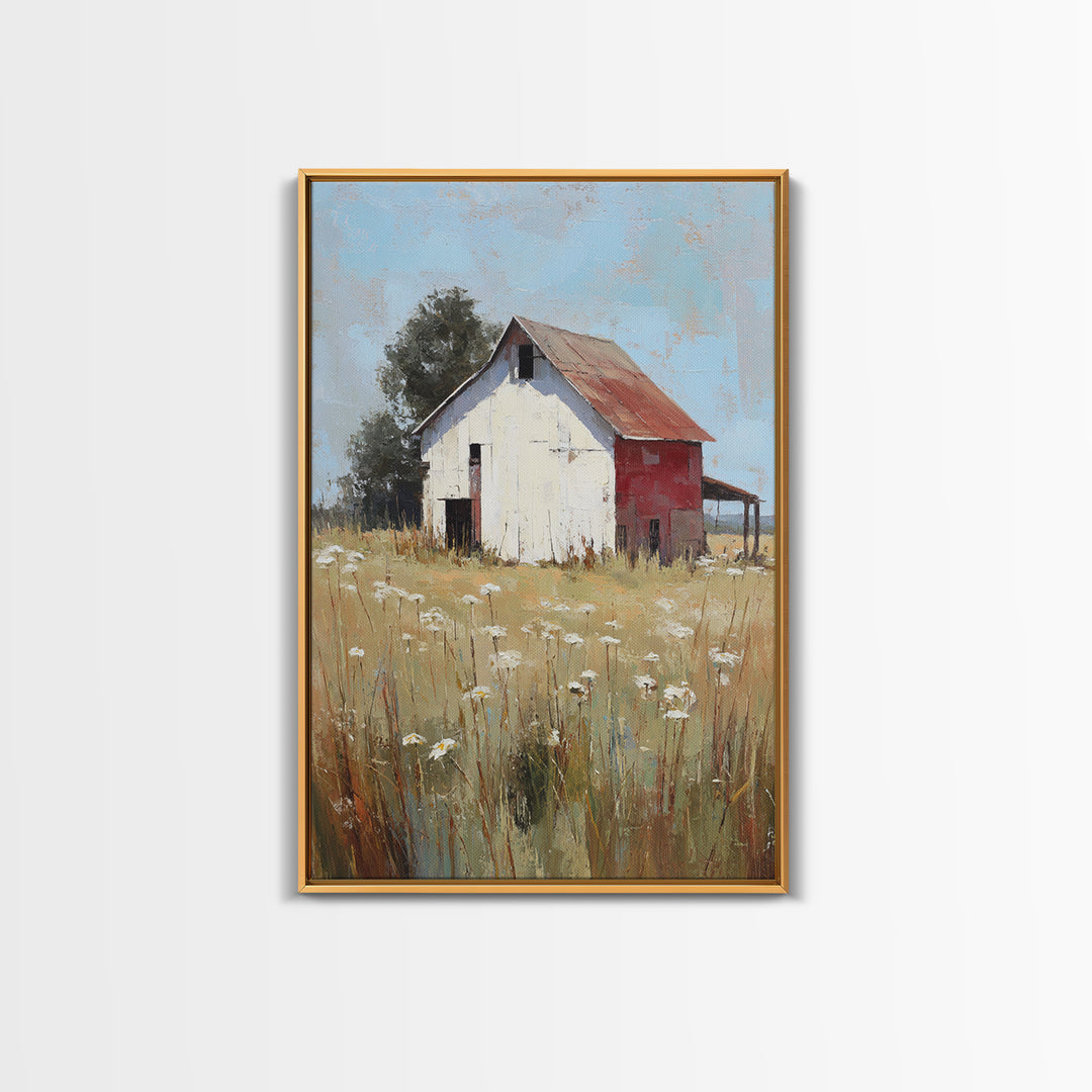 White Farmhouse Surrounded by Tall Grass Canvas Print, Country Art, Home Decor, Farmhouse Decor, Oil Painting, Country, COU-2x3-66