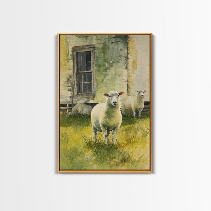 Watercolor Sheep in a Green Pasture Canvas Print, Country Art, Landscape Painting, Farmhouse Decor, Fine Art, Country, COU-2x3-7