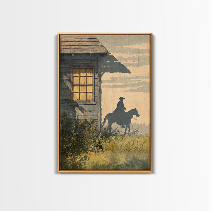 Horse and Rider Silhouette at Dusk Framed Canvas Print, Country Art, Large Wall Art, Farmhouse Decor, Fine Art, Country, COU-2x3-73