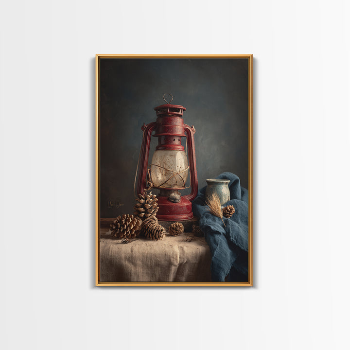 Old Lantern and Pinecones Still Life Framed Canvas Print, Country Art, Farmhouse Decor, Watercolor Art, Country, COU-2x3-80