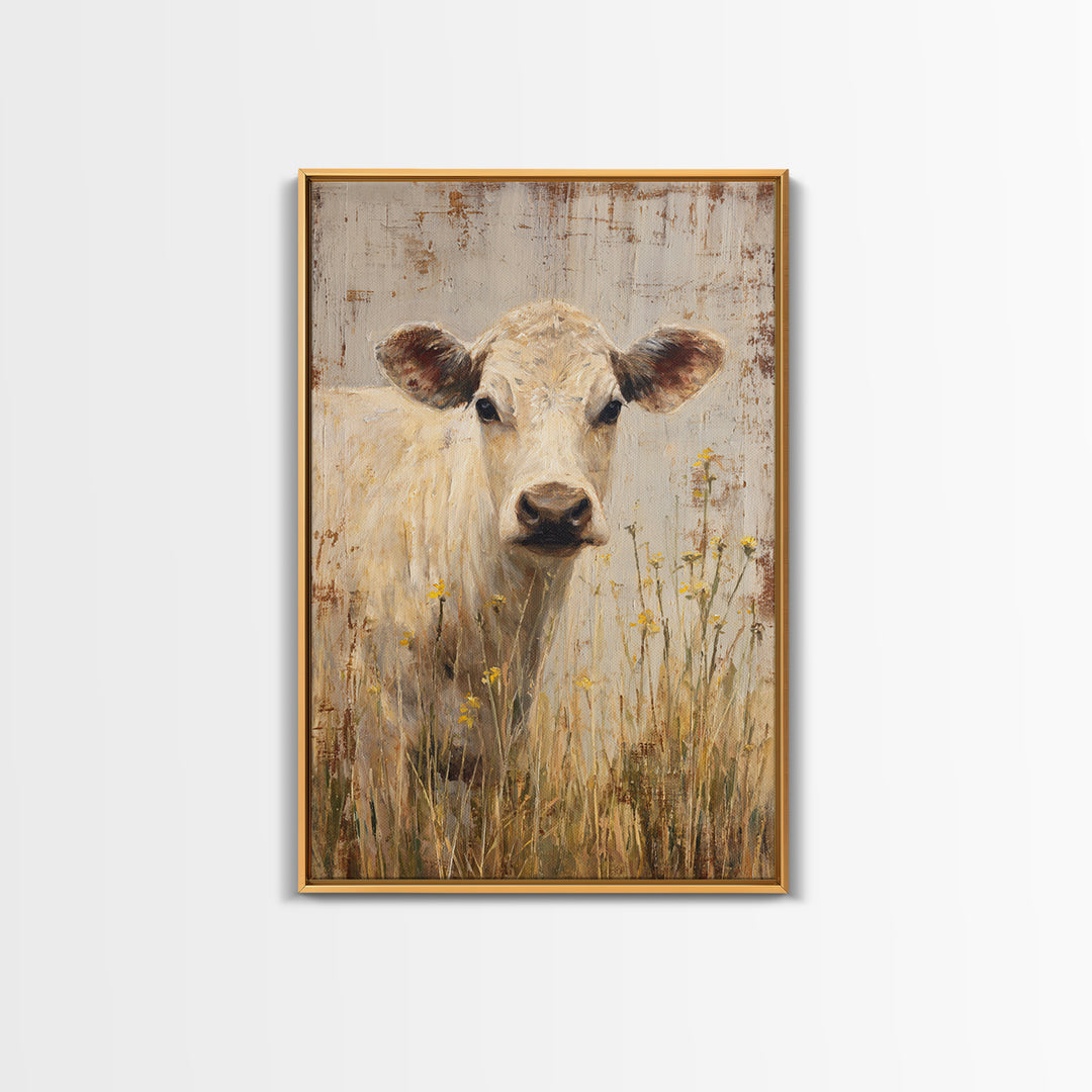 Cow Portrait with Gentle Farmhouse Personality Framed Canvas Print, Country Art, Landscape Painting, Farmhouse Decor, Country, COU-2x3-84