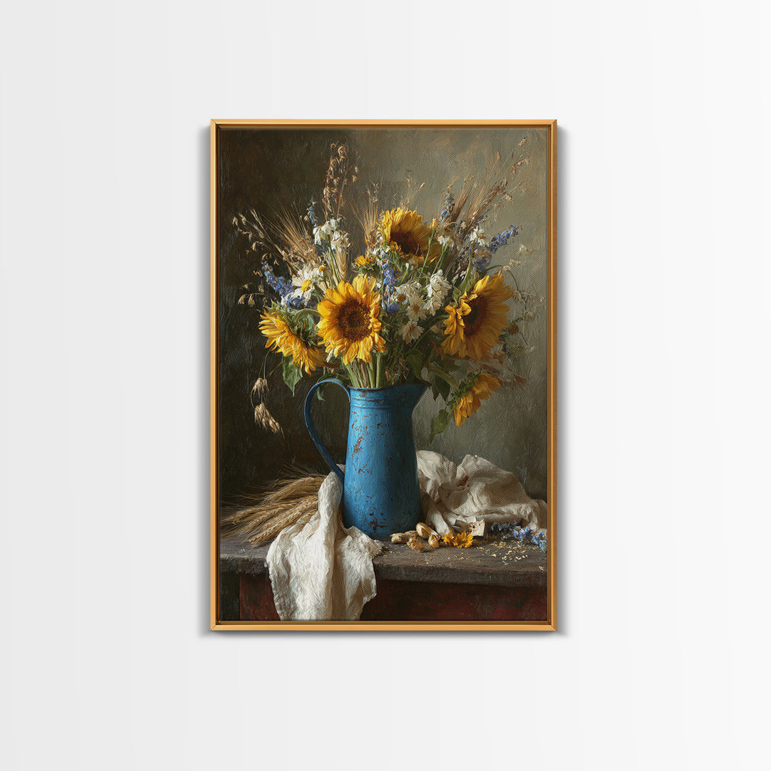 Sunflowers in a Blue Enamel Pitcher Framed Canvas Print, Country Art, Printable Wall Art, Farmhouse Decor, Fine Art, Country, COU-2x3-88