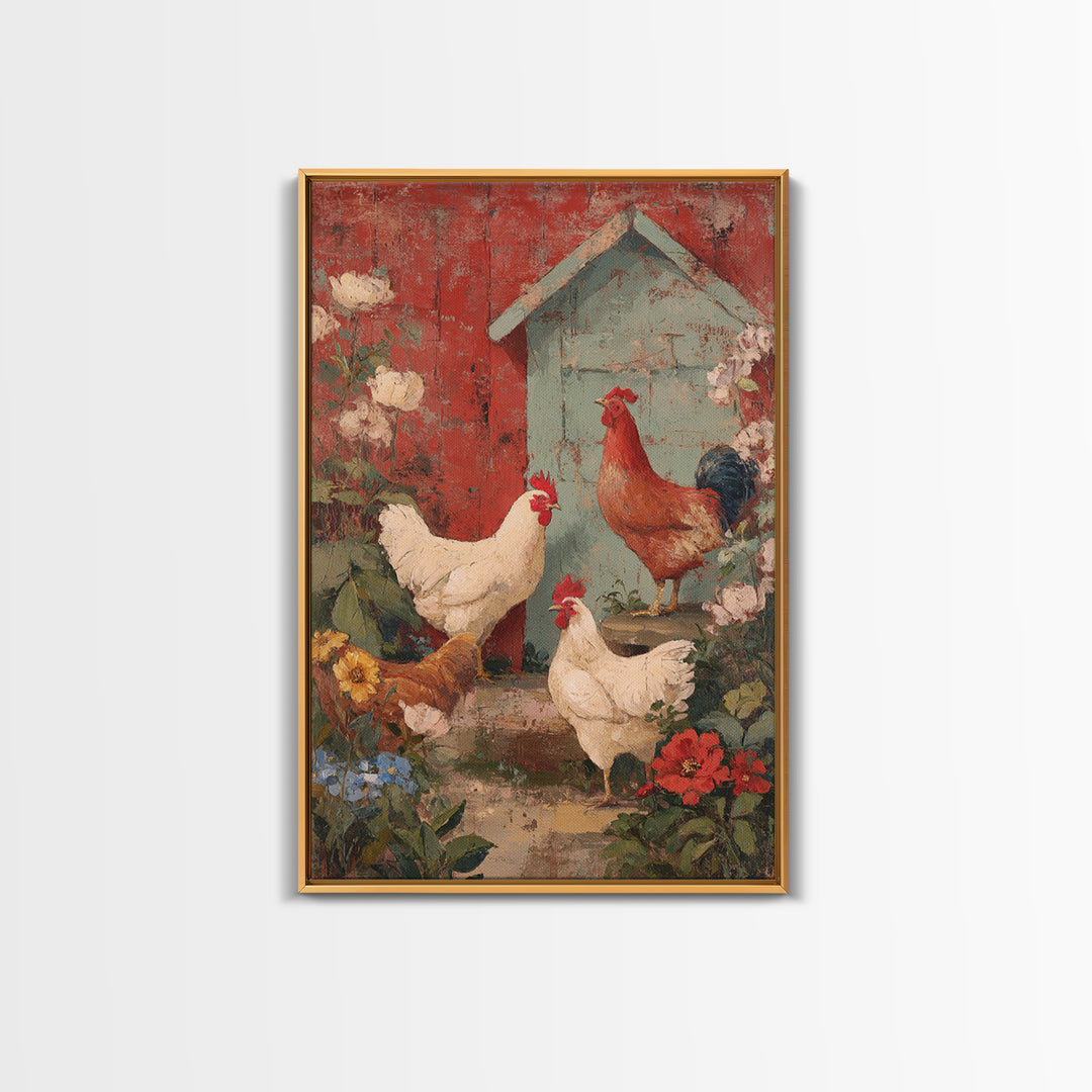 Chickens Pecking Near Garden Flowers Framed Canvas Print, Country Art, Farmhouse Decor, Watercolor Art, Country, COU-2x3-94