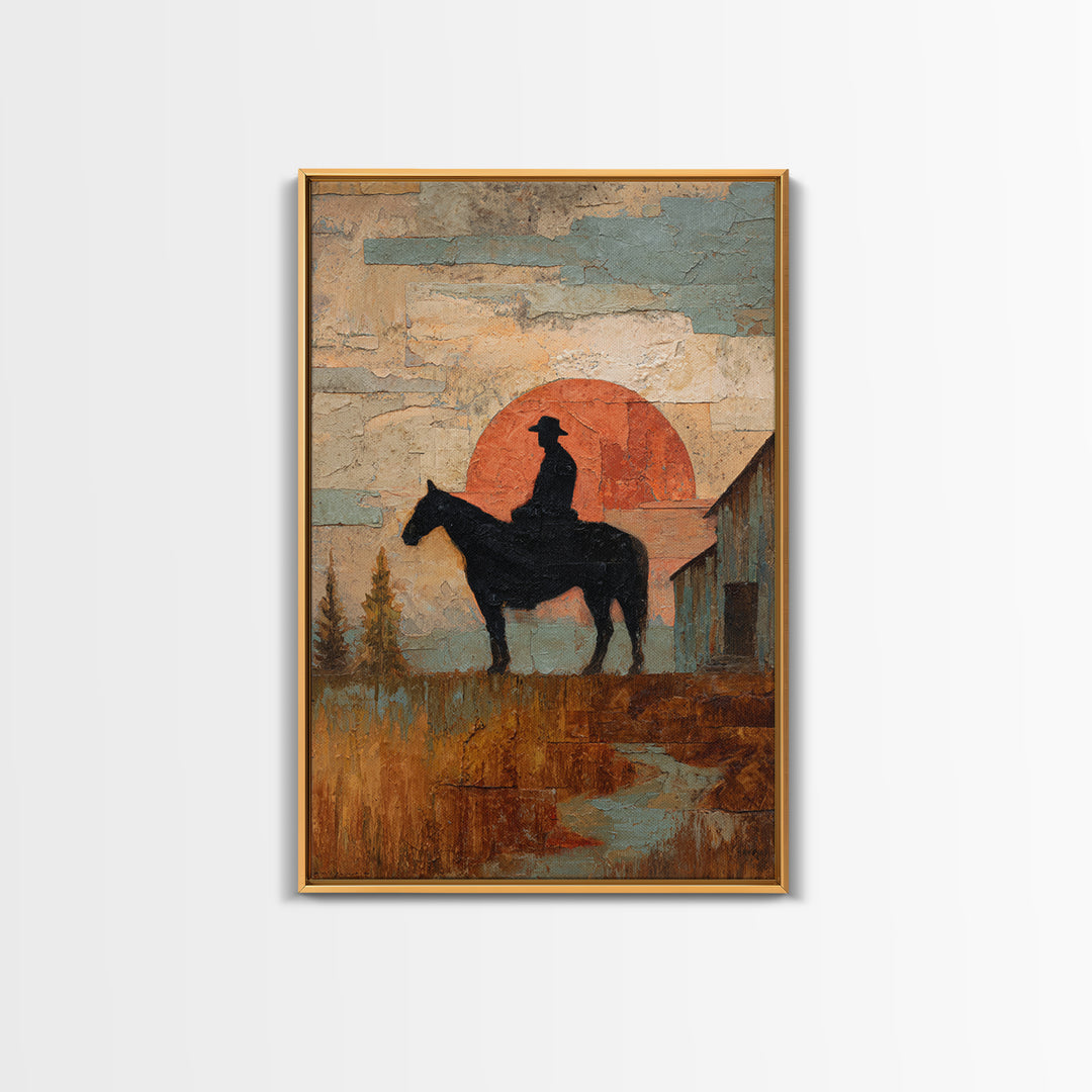 Horse and Rider Silhouette at Dusk Framed Canvas Print, Country Art, Large Wall Art, Farmhouse Decor, Fine Art, Country, COU-2x3-97