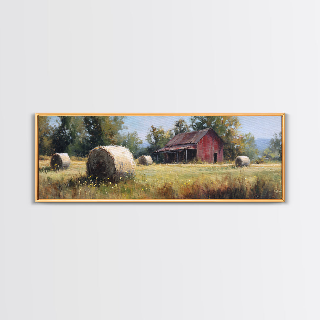 Hay Bales in Late Afternoon Sun Framed Canvas Print, Country Art, Eclectic Wall Art, Farmhouse Decor, Fine Art, Country, COU-3x1-12