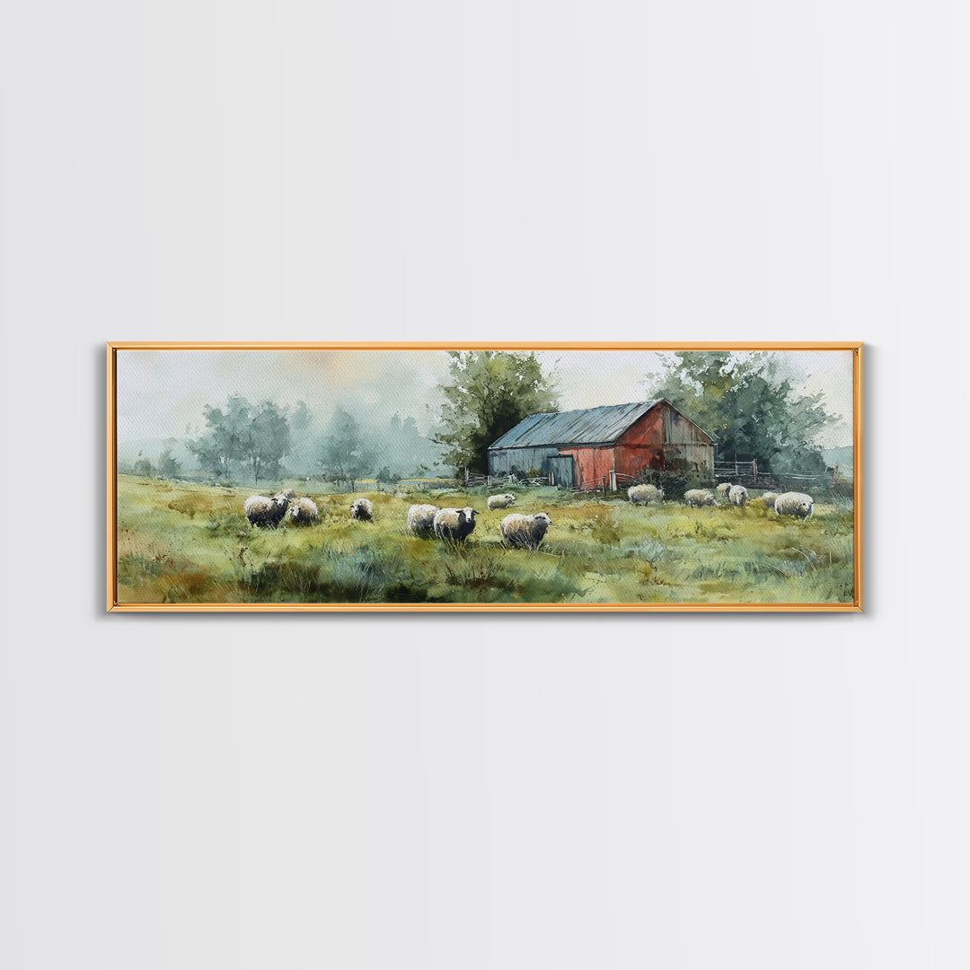 Watercolor Sheep in a Green Pasture Framed Canvas Print, Country Art, Gallery Wall Art, Farmhouse Decor, Fine Art, Country, COU-3x1-15