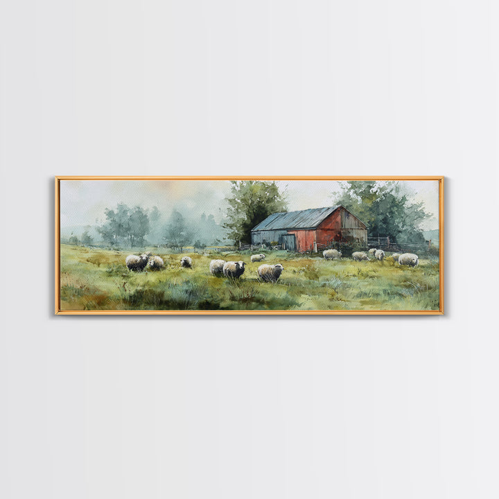 Watercolor Sheep in a Green Pasture Framed Canvas Print, Country Art, Gallery Wall Art, Farmhouse Decor, Fine Art, Country, COU-3x1-15