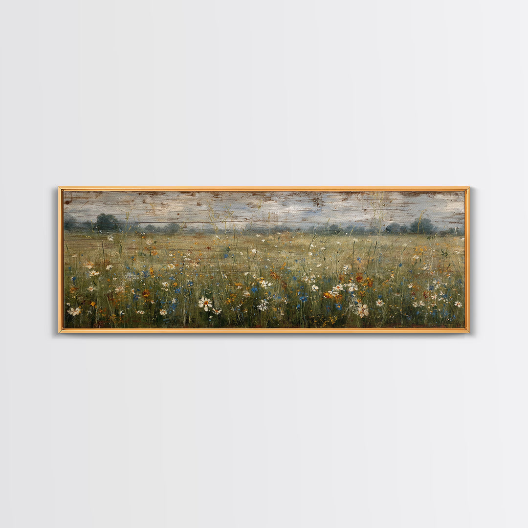 Wildflower Meadow Beside an Old Fence Framed Canvas Print, Country Art, Oil Painting, Farmhouse Decor, Watercolor Art, Country, COU-3x1-18