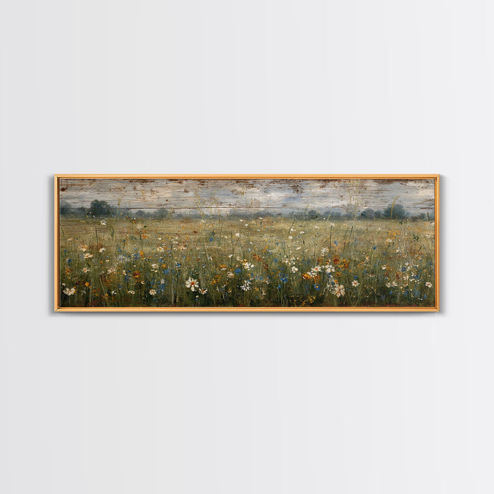 Wildflower Meadow Beside an Old Fence Framed Canvas Print, Country Art, Oil Painting, Farmhouse Decor, Watercolor Art, Country, COU-3x1-18