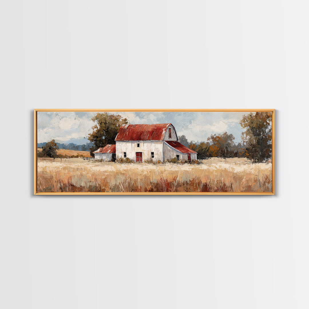 White Farmhouse Surrounded by Tall Grass Framed Canvas Print, Country Art, Art Prints, Farmhouse Decor, Fine Art, Country, COU-3x1-2