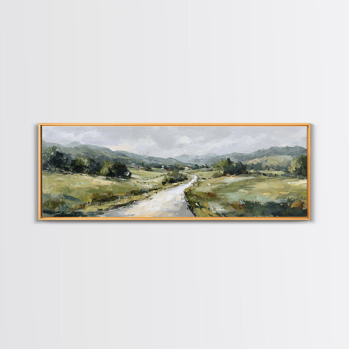 Country Road Disappearing into Green Hills Framed Canvas Print, Country Art, Statement Artwork, Farmhouse Decor, Country, COU-3x1-23