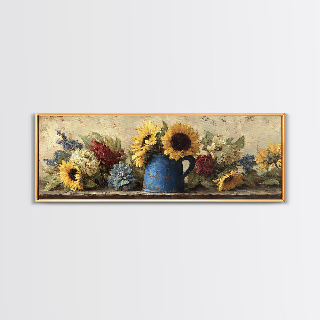Sunflowers in a Blue Enamel Pitcher Canvas Print, Country Art, Farmhouse Wall Art, Farmhouse Decor, Watercolor Art, Country, COU-3x1-24