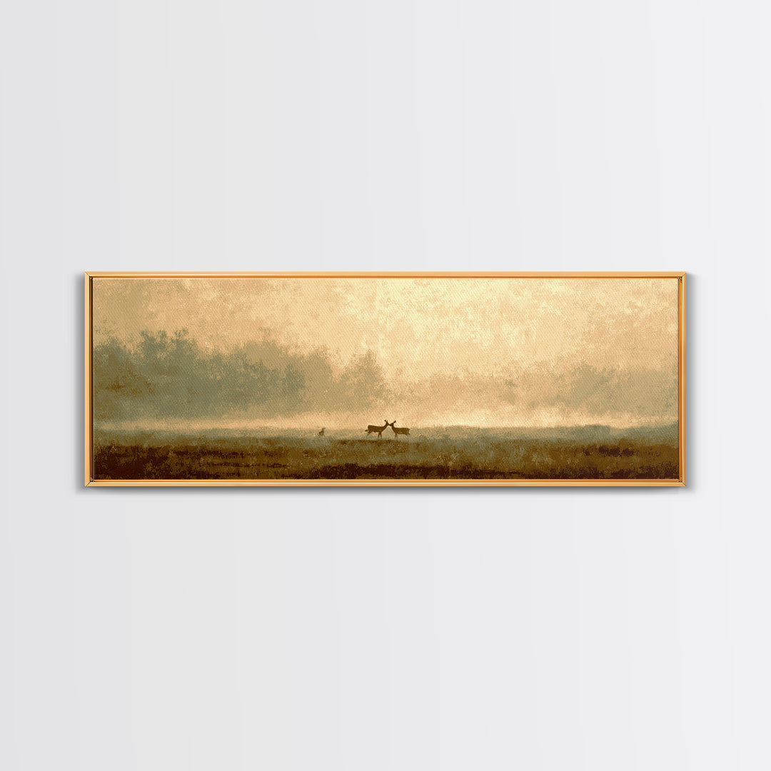 Deer Crossing a Misty Morning Field Framed Canvas Print, Country Art, Boho Decor, Farmhouse Decor, Fine Art, Country, COU-3x1-27