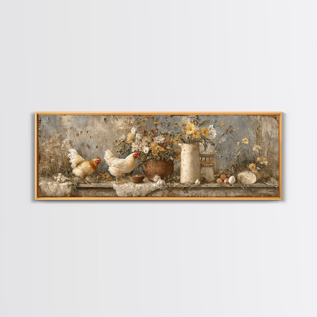Chickens Pecking Near Garden Flowers Canvas Print, Country Art, Wall Art, Farmhouse Decor, Watercolor Art, Country, COU-3x1-30