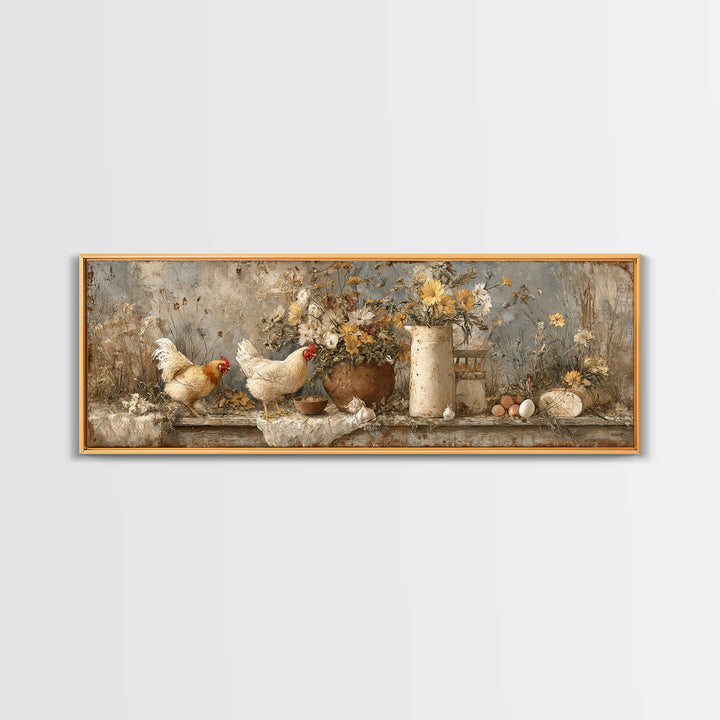 Chickens Pecking Near Garden Flowers Canvas Print, Country Art, Wall Art, Farmhouse Decor, Watercolor Art, Country, COU-3x1-30