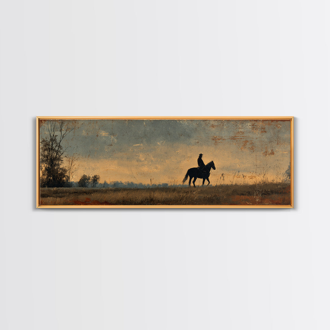 Horse and Rider Silhouette at Dusk Canvas Print, Country Art, Farmhouse Decor, Country, Gallery Wall Art, Landscape Wall Art, COU-3x1-33