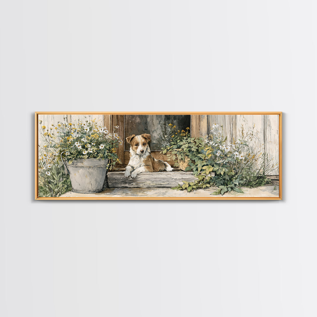 Dog Resting Beside a Porch Flower Pot Canvas Print, Country Art, Original Painting, Farmhouse Decor, Oil Painting, Country, COU-3x1-38