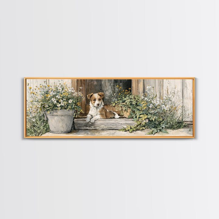 Dog Resting Beside a Porch Flower Pot Canvas Print, Country Art, Original Painting, Farmhouse Decor, Oil Painting, Country, COU-3x1-38