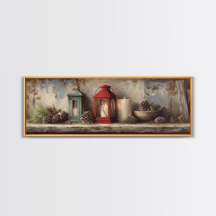 Old Lantern and Pinecones Still Life Canvas Print, Country Art, Gallery Decor, Farmhouse Decor, Fine Art, Country, COU-3x1-40