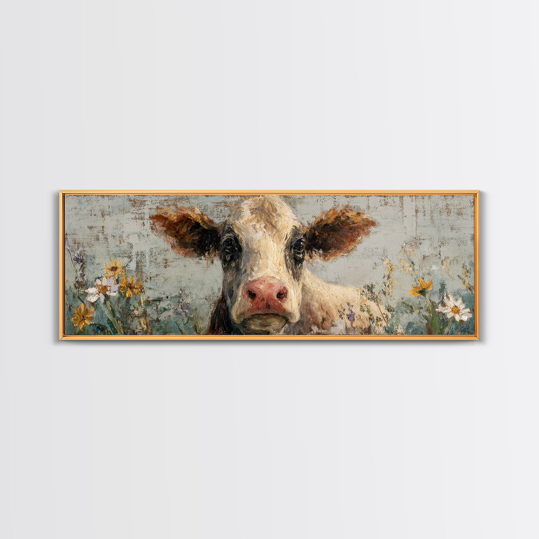 Cow Portrait with Gentle Farmhouse Personality Framed Canvas Print, Country Art, Wall Decor, Farmhouse Decor, Fine Art, Country, COU-3x1-44