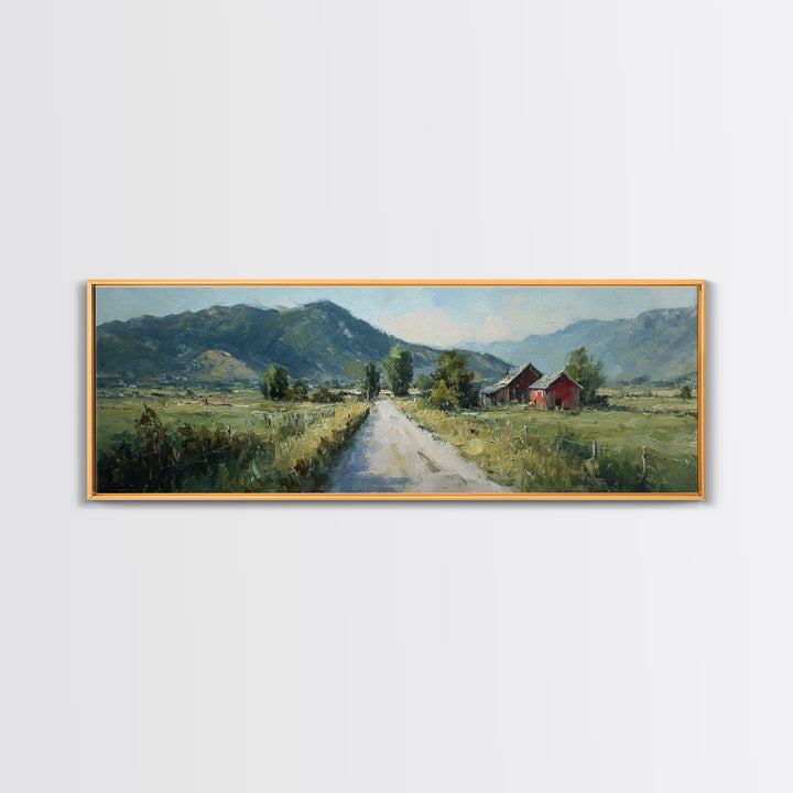 Country Road Disappearing into Green Hills Framed Canvas Print, Country Art, Art, Farmhouse Decor, Oil Painting, Country, COU-3x1-47