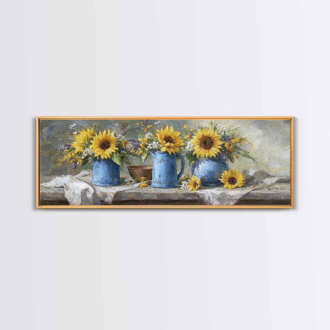 Sunflowers in a Blue Enamel Pitcher Canvas Print, Country Art, Luxury Decor, Farmhouse Decor, Fine Art, Country, COU-3x1-48