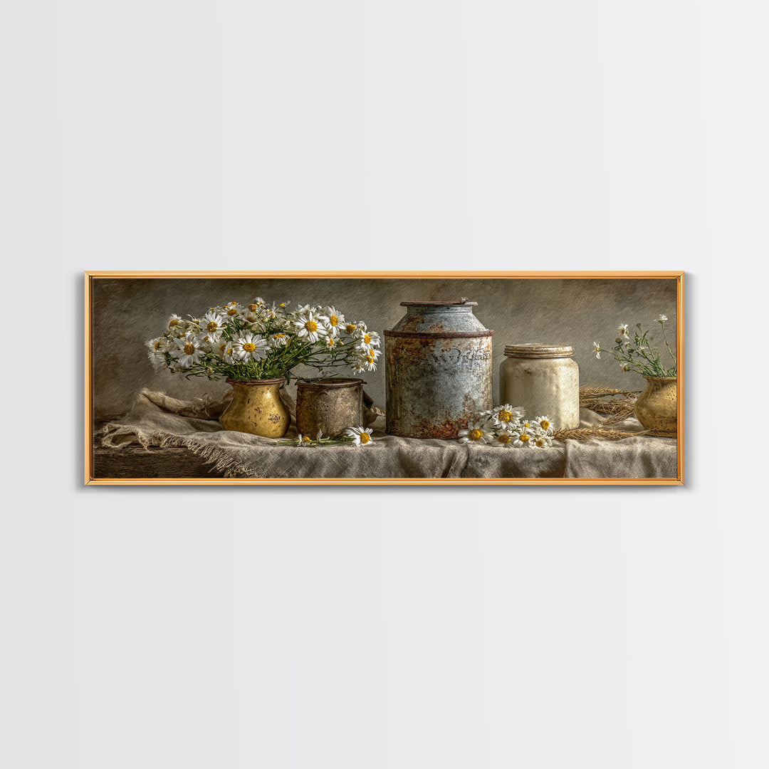 Milk Can and Daisies Rustic Still Life Framed Canvas Print, Country Art, Oil Painting, Farmhouse Decor, Watercolor Art, Country, COU-3x1-5