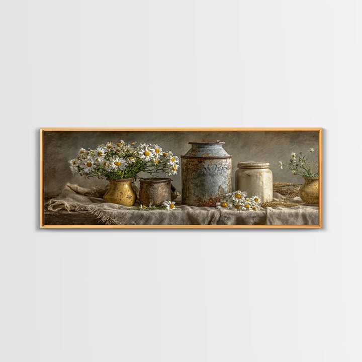 Milk Can and Daisies Rustic Still Life Framed Canvas Print, Country Art, Oil Painting, Farmhouse Decor, Watercolor Art, Country, COU-3x1-5