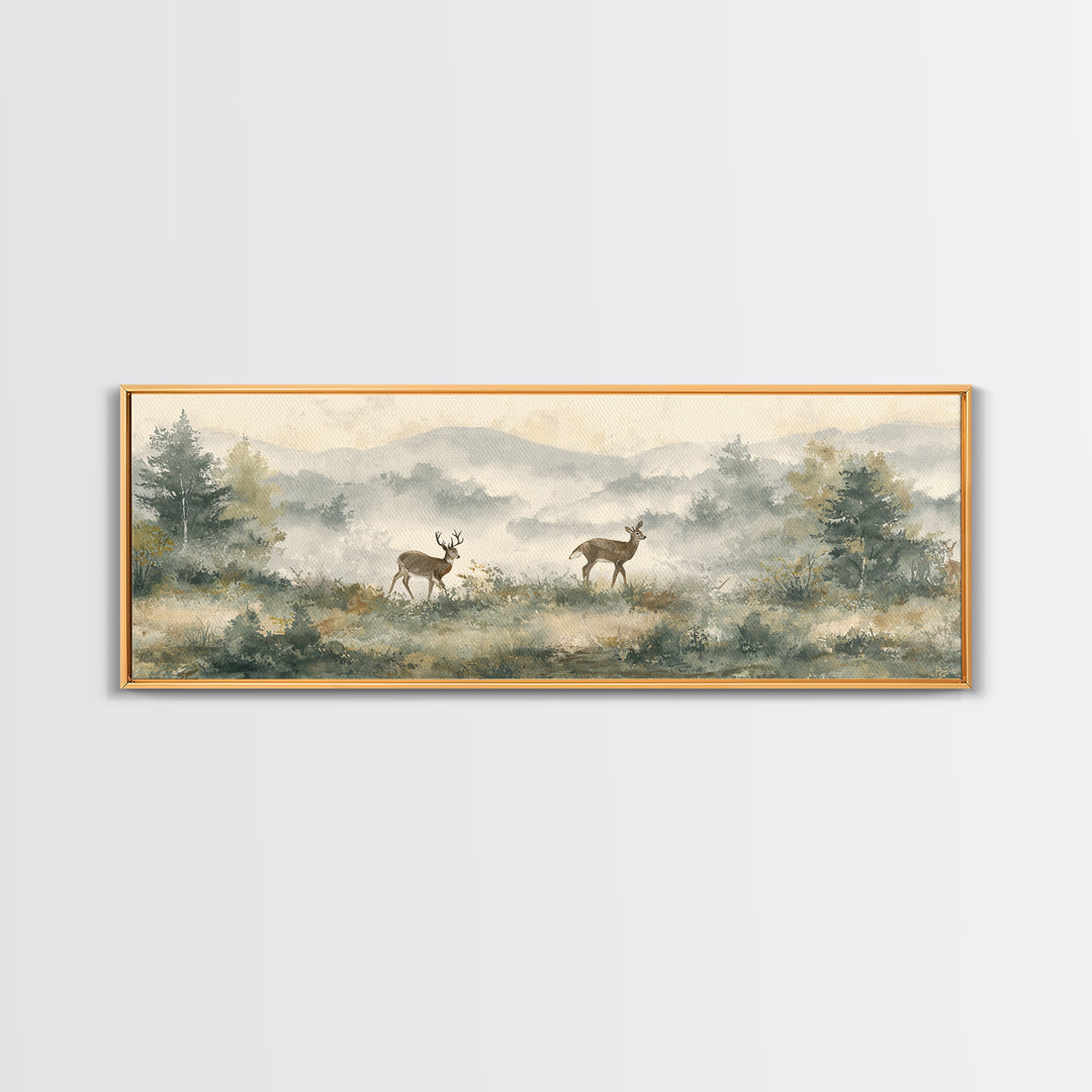 Deer Crossing a Misty Morning Field Framed Canvas Print, Country Art, Digital Prints, Farmhouse Decor, Fine Art, Country, COU-3x1-51