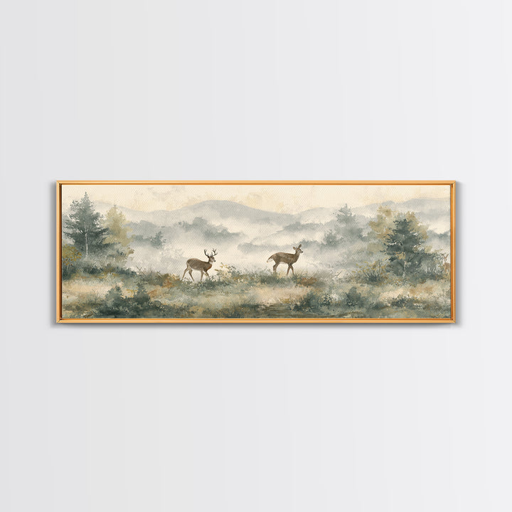 Deer Crossing a Misty Morning Field Framed Canvas Print, Country Art, Digital Prints, Farmhouse Decor, Fine Art, Country, COU-3x1-51