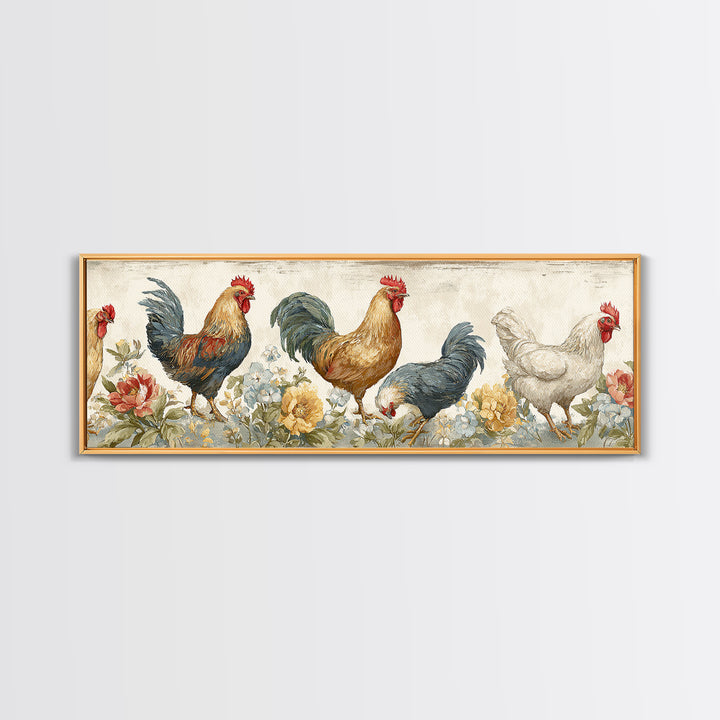 Chickens Pecking Near Garden Flowers Canvas Print, Country Art, Landscape Painting, Farmhouse Decor, Watercolor Art, Country, COU-3x1-54