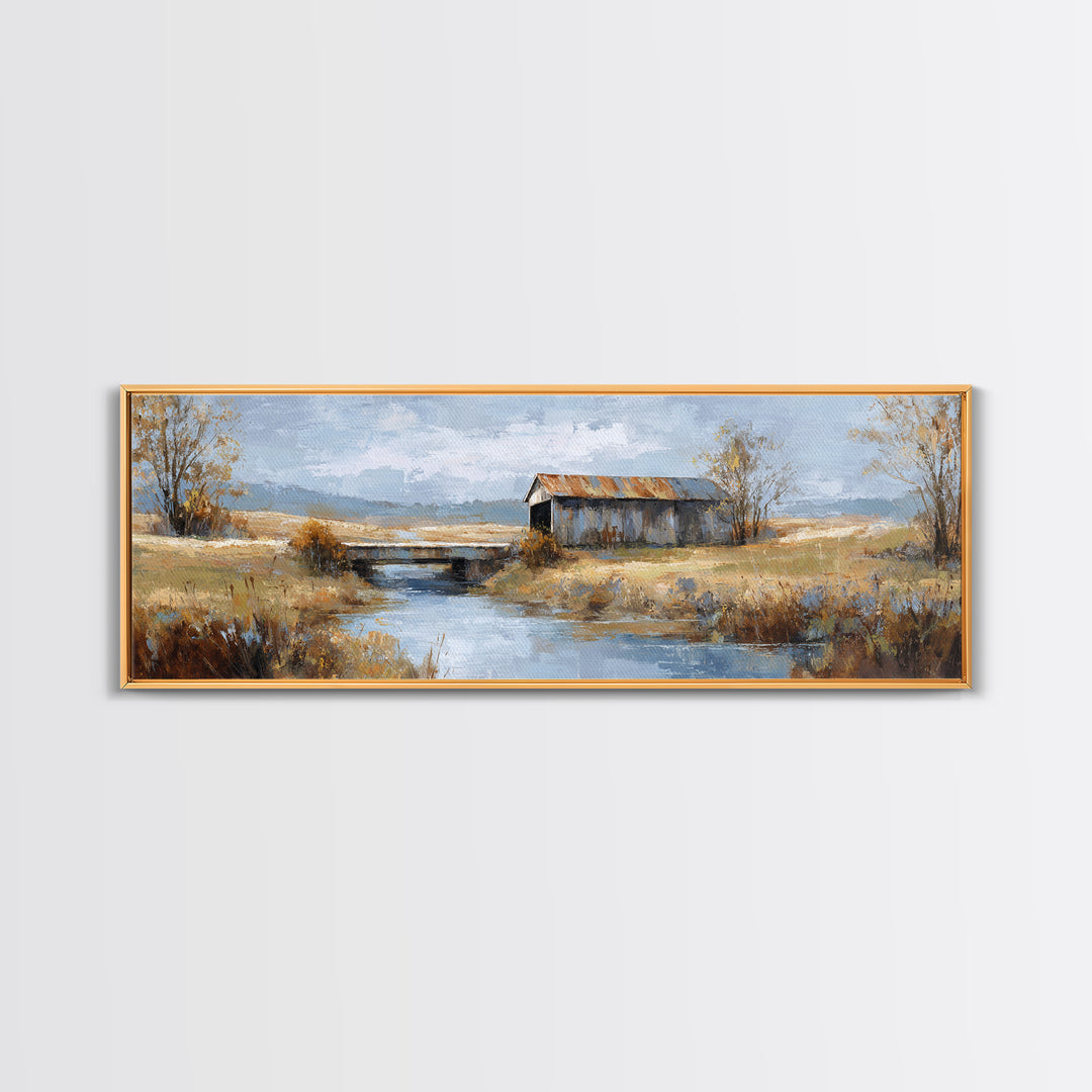 Covered Bridge over a Quiet Creek Framed Canvas Print, Country Art, Contemporary Art, Farmhouse Decor, Fine Art, Country, COU-3x1-55