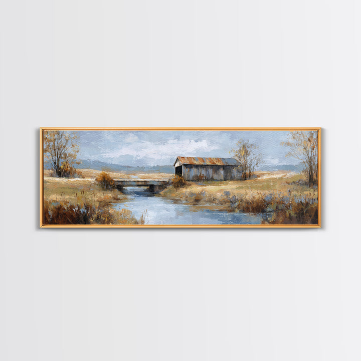 Covered Bridge over a Quiet Creek Framed Canvas Print, Country Art, Contemporary Art, Farmhouse Decor, Fine Art, Country, COU-3x1-55