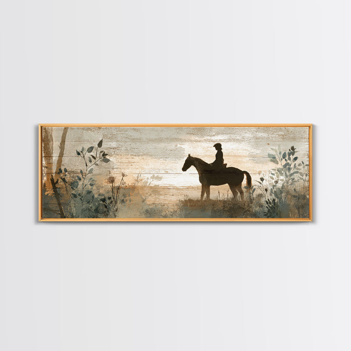 Horse and Rider Silhouette at Dusk Framed Canvas Print, Country Art, Digital Art Prints, Farmhouse Decor, Fine Art, Country, COU-3x1-57