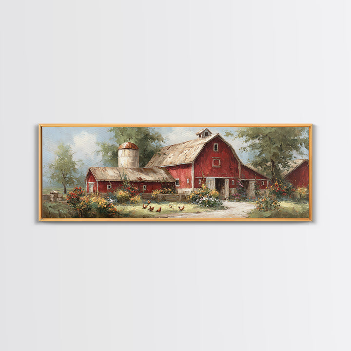 Chickens Pecking Near Garden Flowers Canvas Print, Country Art, Digital Art Prints, Farmhouse Decor, Fine Art, Country, COU-3x1-6