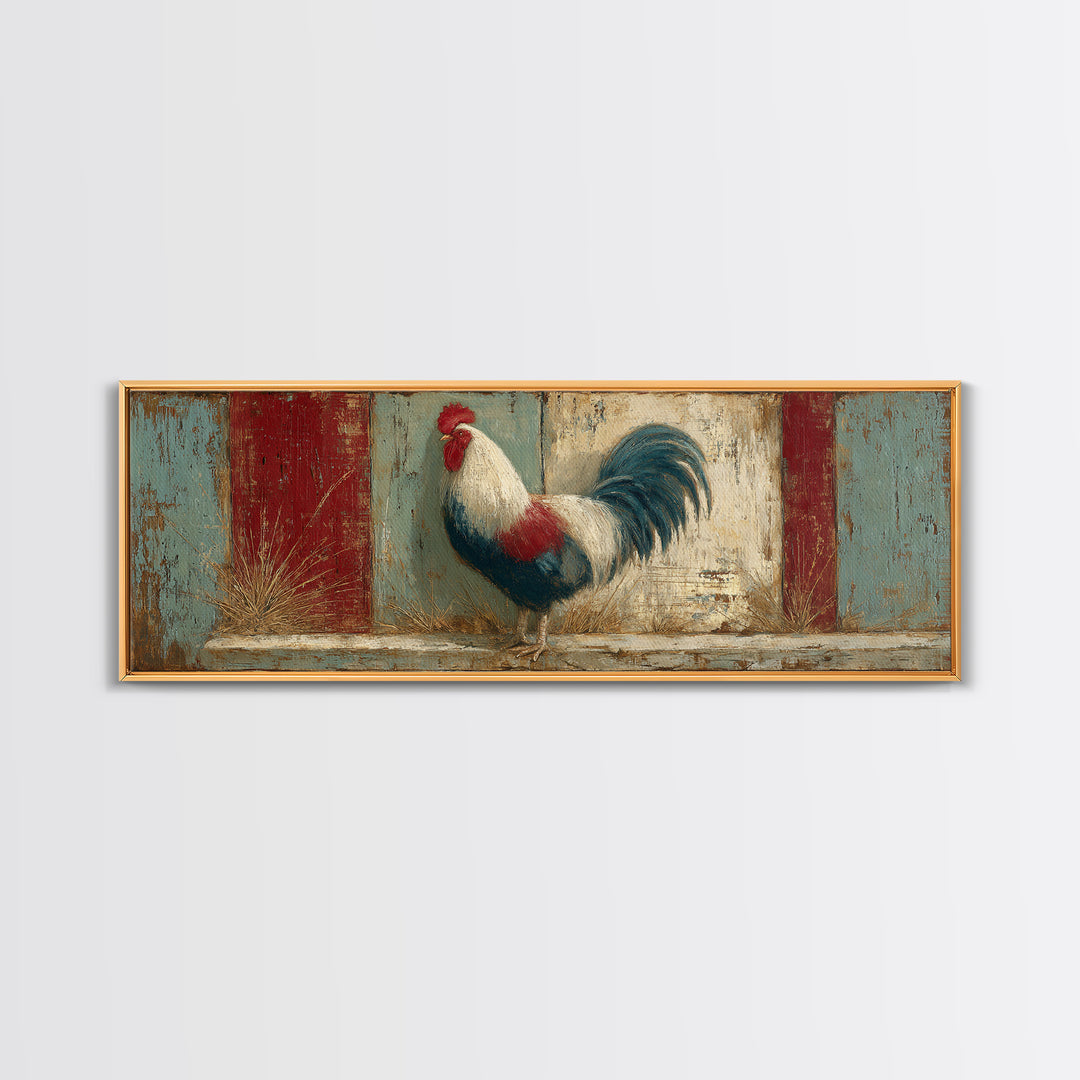 Rooster in Bold Folk Art Color Framed Canvas Print, Country Art, Eclectic Wall Art, Farmhouse Decor, Fine Art, Country, COU-3x1-69