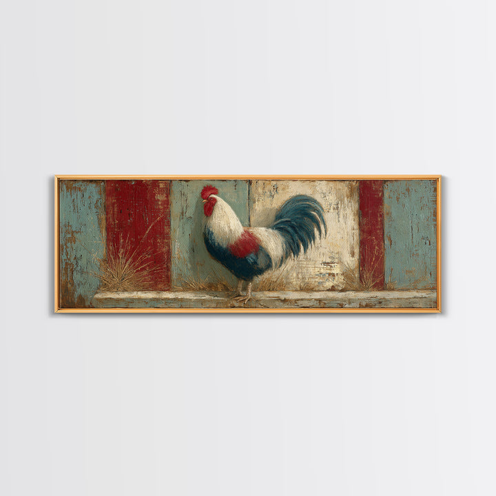 Rooster in Bold Folk Art Color Framed Canvas Print, Country Art, Eclectic Wall Art, Farmhouse Decor, Fine Art, Country, COU-3x1-69