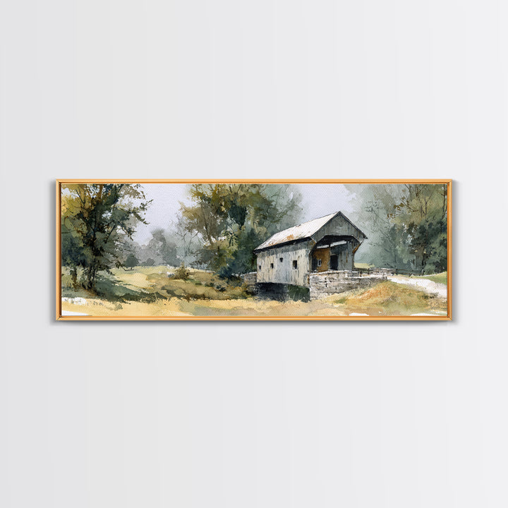 Covered Bridge over a Quiet Creek Framed Canvas Print, Country Art, Wall Decor, Farmhouse Decor, Fine Art, Country, Wall Art, COU-3x1-7